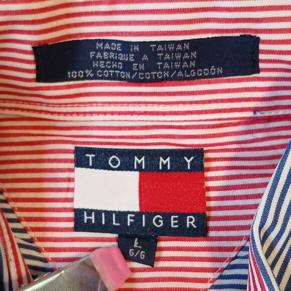 Tommy Hilfiger Color Block Pinstriped Long Sleeve 90s Button Dress Shirt Large - Picture 4 of 8